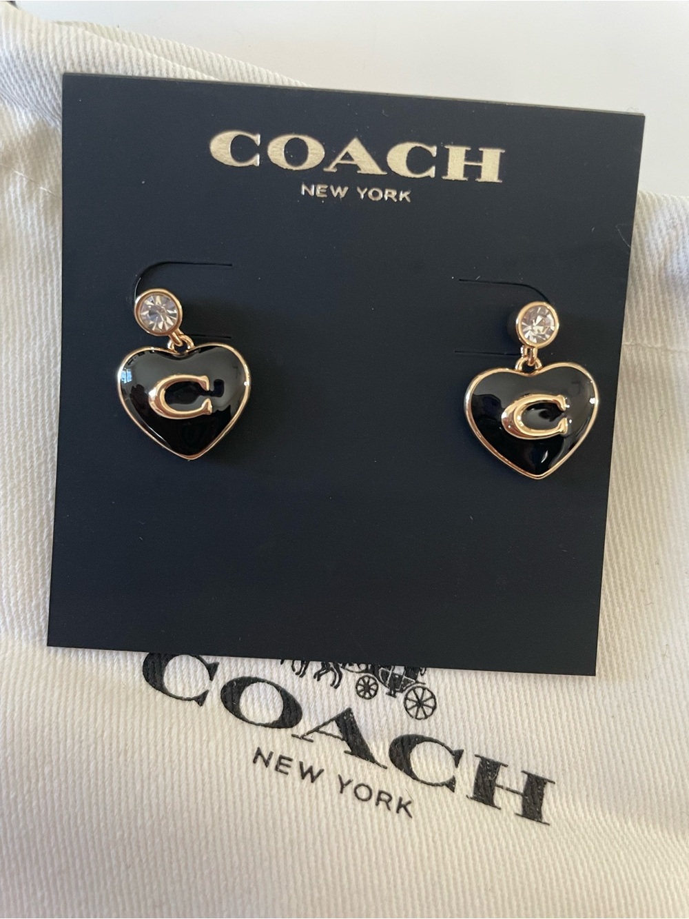 Coach Black and Gold Heart Drop Earrings with Crystal Studs